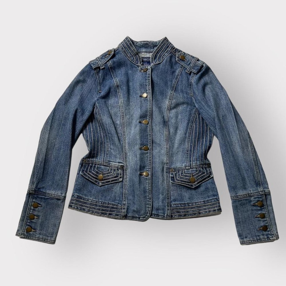 Vintage 1990s does 1970s medium-wash unique fitted military cut denim jacket
